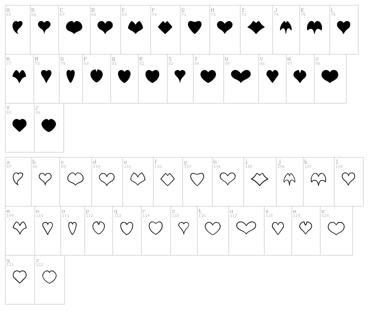 Heart Shapes font map